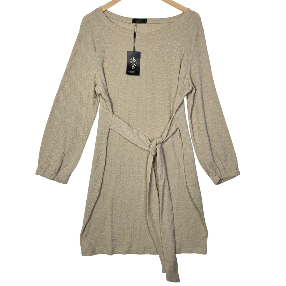 Dressystar Womens Size XXL Beige Sweater Dress Tie Waist Textured Minimalist